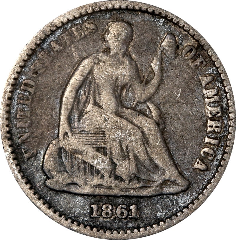 1861 Philadelphia Mint Seated Liberty Half Dime Silver Coin: 1861 Philadelphia Mint Seated Liberty Half Dime Silver Coin This is an 1861-P Seated Liberty Half Dime. The coin is circulated and made of silver with a fineness of 0.9. It was minted in Philadelphia