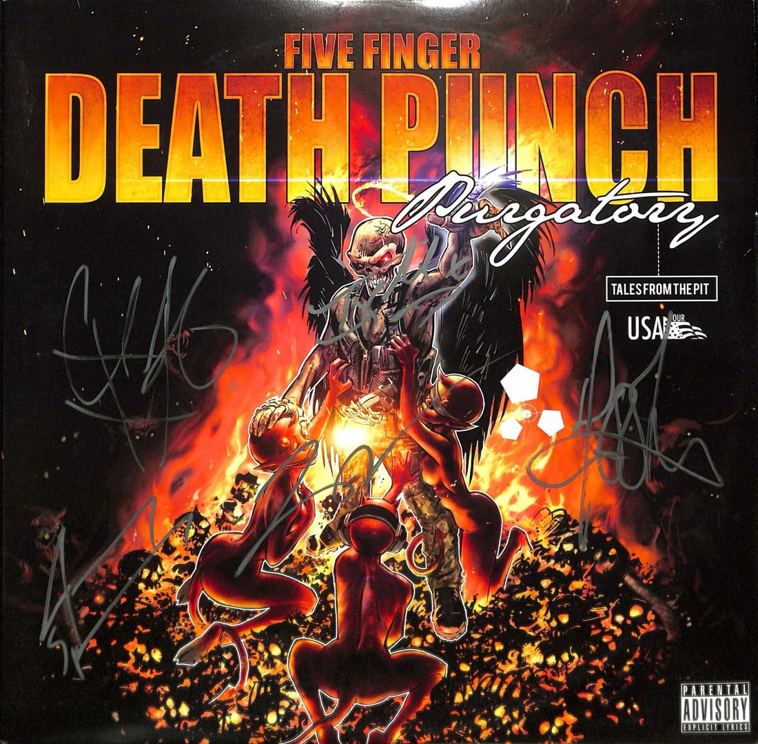 Five Finger Death Punch Signed Vinyl LP Entire Band Beckett LOA: Five Finger Death Punch Signed Vinyl LP Entire Band Beckett LOA This signed vinyl LP from the band Five Finger Death Punch features autographs from all five members: Ivan Moody, Chris Kael, Jimmy Spen