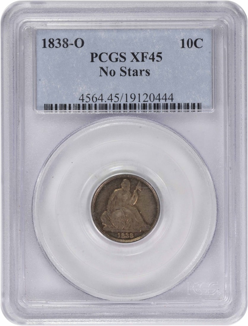 PCGS EF45 1838-O Seated Liberty Dime No Stars New Orleans Mint: PCGS EF45 1838-O Seated Liberty Dime No Stars New Orleans Mint This 1838-O Liberty Seated Silver Dime features the 'No Stars' design and is graded EF45 by PCGS. Minted in New Orleans, this circulated