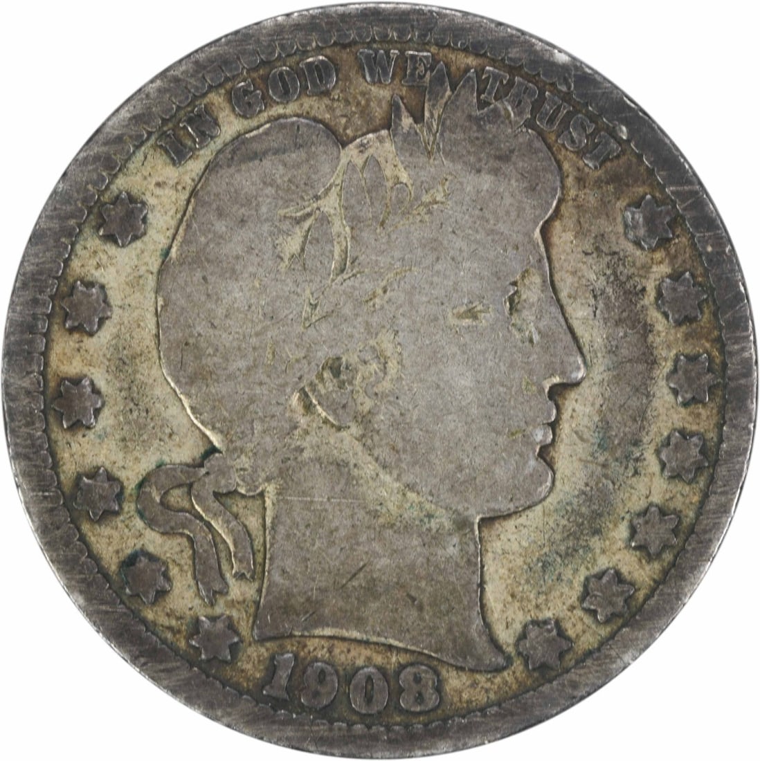 1908-S Barber Quarter 90% Silver G Grade Uncertified: 1908-S Barber Quarter 90% Silver G Grade Uncertified This 1908-S Barber Silver Quarter is a notable piece from the United States, featuring a design by Charles E. Barber. The coin has a composition of