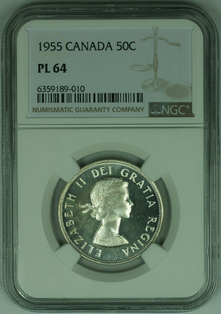 Uncirculated 1955 Canada 50C NGC PL 64 Proof Like Coin: Uncirculated 1955 Canada 50C NGC PL 64 Proof Like Coin This 1955 Canada 50 cent coin is certified by NGC with a Proof Like-64 (PL-64) grade. The coin is uncirculated and has a fineness of 0.8. It feat