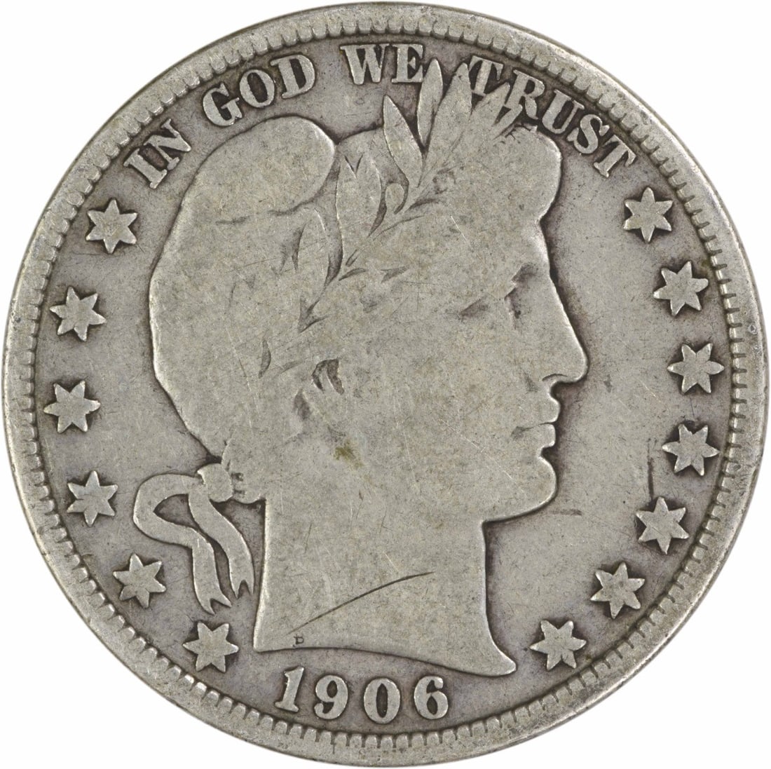 Barber Half Dollar 1906-D Silver Coin VG Grade Uncertified: Barber Half Dollar 1906-D Silver Coin VG Grade Uncertified This 1906-D Barber Silver Half Dollar is a circulated coin from the Denver Mint, designed by Charles E. Barber. Composed of 90% silver and 10