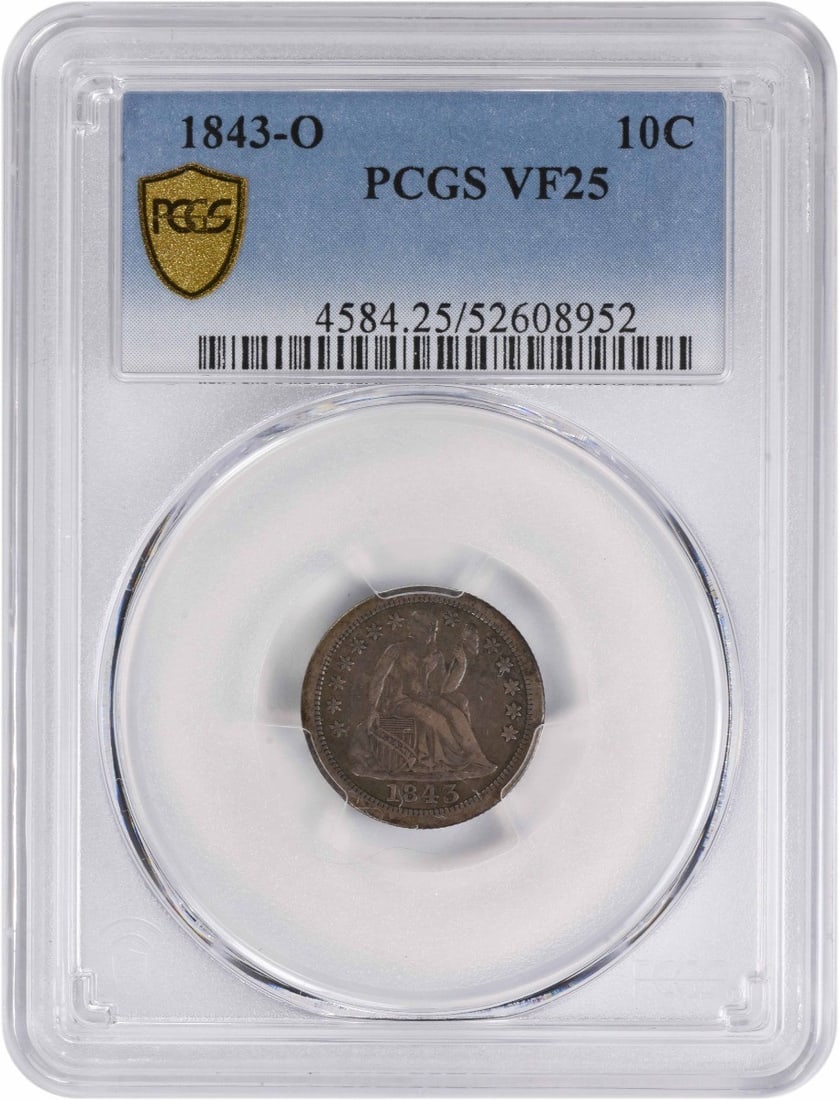 1843-O Liberty Seated Dime VF25 Certified PCGS 90% Silver: 1843-O Liberty Seated Dime VF25 Certified PCGS 90% Silver This 1843-O Liberty Seated Silver Dime is a remarkable example of American numismatics. Graded VF25 by PCGS, this circulated coin features a b