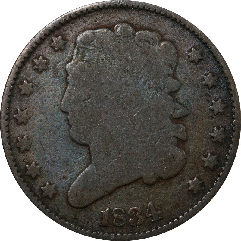 1834 United States Copper Half Cent Circulated Uncertified Coin: 1834 United States Copper Half Cent Circulated Uncertified Coin This 1834 Half Cent is a circulated coin from the United States, composed of copper. It is uncertified and pre-owned, offering a collect