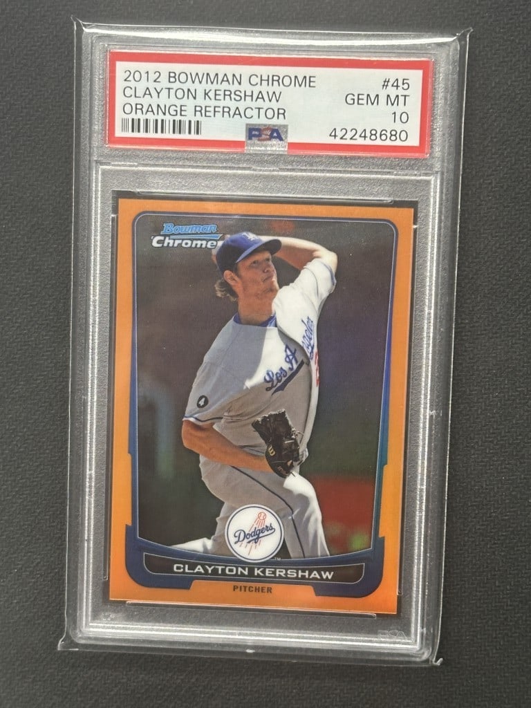Clayton Kershaw 2012 Bowman Chrome Orange Refractor PSA 10 #45: Clayton Kershaw 2012 Bowman Chrome Orange Refractor PSA 10 #45 This is a 2012 Bowman Chrome Orange Refractor baseball card featuring Clayton Kershaw, a standout pitcher for the Los Angeles Dodgers. Gr