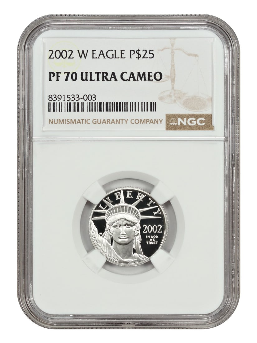 2002 $25 Platinum Eagle Statue of Liberty NGC PR70DCAM Coin: 2002 $25 Platinum Eagle Statue of Liberty NGC PR70DCAM Coin This 2002-W $25 Statue of Liberty Platinum Eagle is a 1/4 ounce bullion coin certified by NGC with a perfect grade of PR70DCAM. Struck at th