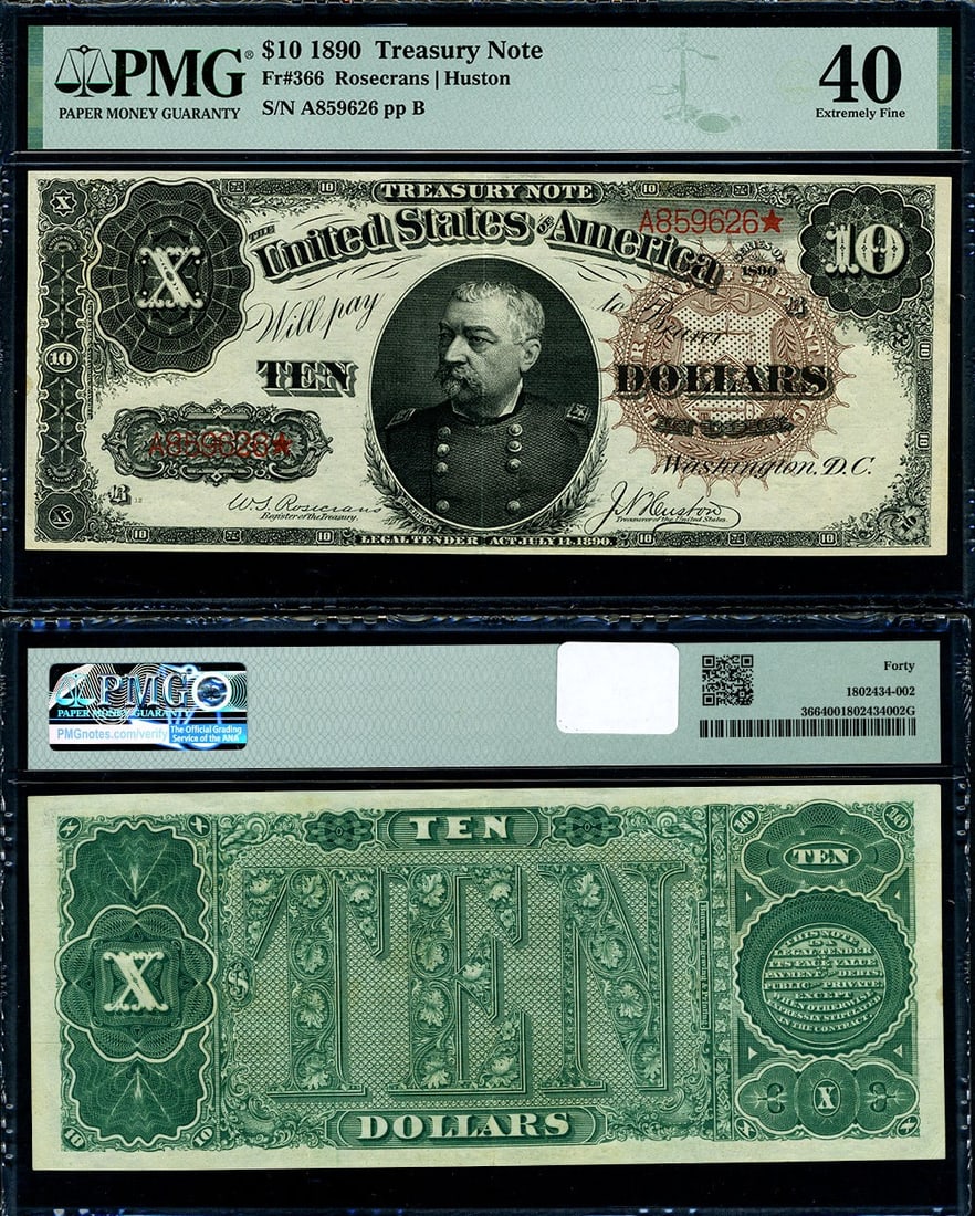 1890 $10 Treasury Note PMG XF40 Stunning Circulated Example: 1890 $10 Treasury Note PMG XF40 Stunning Circulated Example This 1890 $10 Treasury Note (FR. 366) is graded PMG XF40, showcasing its excellent paper quality and stunning visual appeal. The note featur