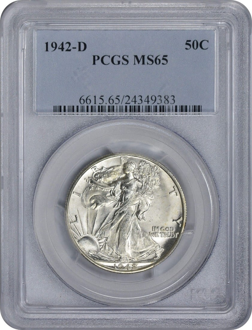 1942-D Walking Liberty Half Dollar MS65 PCGS Uncirculated Silver: 1942-D Walking Liberty Half Dollar MS65 PCGS Uncirculated Silver This stunning 1942-D Walking Liberty Silver Half Dollar is graded MS65 by PCGS, showcasing its uncirculated condition and exceptional q