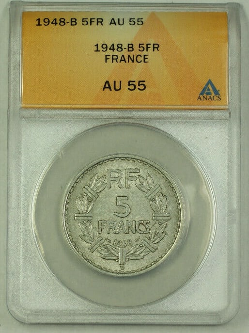 France 5 Francs 1948-B Silver Coin Graded AU 55 by ANACS: France 5 Francs 1948-B Silver Coin Graded AU 55 by ANACS This 1948-B France 5 Francs coin is composed of silver and has been graded AU 55 by ANACS. It is a circulated coin from France, dating to 1948,