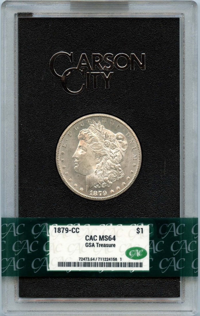 GSA Hoard 1879-CC Morgan Silver Dollar CACG MS64 with CAC Sticker: GSA Hoard 1879-CC Morgan Silver Dollar CACG MS64 with CAC Sticker This is an un-used 1879-CC Morgan Dollar from the GSA Hoard, certified by CACG with a grade of MS64 and designated with a CAC sticker.