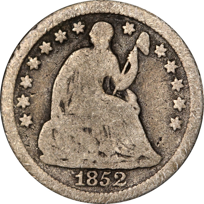 1852 New Orleans Mint Seated Liberty Half Dime Silver Coin: 1852 New Orleans Mint Seated Liberty Half Dime Silver Coin This is an 1852-O Seated Liberty Half Dime from the United States, composed of 90% silver. The coin was minted in New Orleans and is in circu