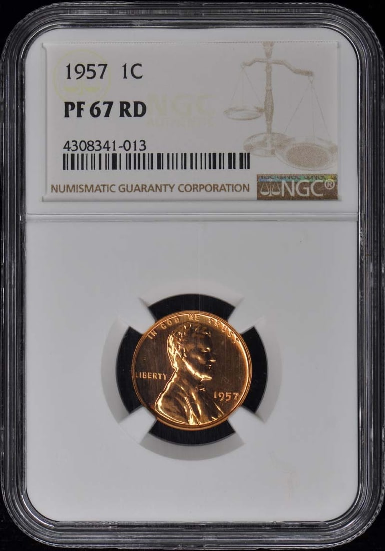 1957 Proof Lincoln Wheat Cent NGC PR67RD Red Philadelphia: 1957 Proof Lincoln Wheat Cent NGC PR67RD Red Philadelphia This 1957 Lincoln Cent features the Wheat Reverse design and is a proof coin graded PR67RD by NGC. Minted in Philadelphia, it is an uncirculat