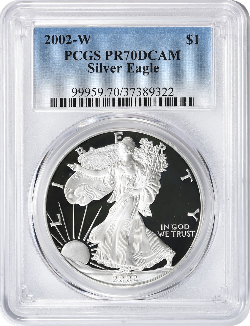 2002-W American Silver Eagle Dollar PR70DCAM PCGS Certified 1oz Silver Coin: 2002-W American Silver Eagle Dollar PR70DCAM PCGS Certified 1oz Silver Coin This 2002-W American Silver Eagle Dollar is a stunning example of American coinage, graded PR70DCAM by PCGS, indicating a pe