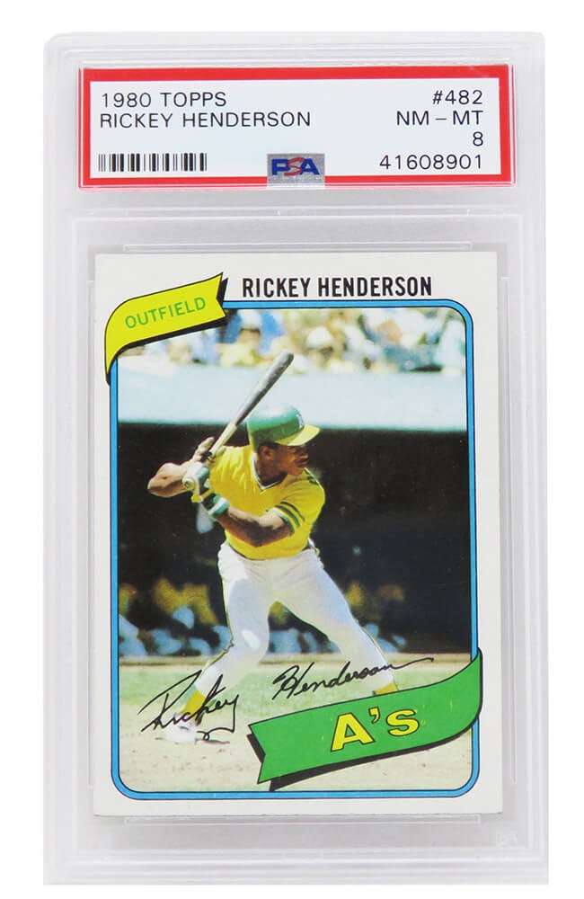 Rickey Henderson 1980 Topps Baseball Rookie Card PSA 8 NM-MT #482: Rickey Henderson 1980 Topps Baseball Rookie Card PSA 8 NM-MT #482 This is a 1980 Topps Baseball #482 rookie card featuring Hall of Famer Rickey Henderson, encapsulated and graded at Near Mint-Mint (NM