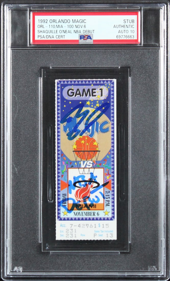 Shaquille O'Neal Signed 1992 NBA Debut Ticket Stub Gem Mint 10 PSA: Shaquille O'Neal Signed 1992 NBA Debut Ticket Stub Gem Mint 10 PSA Celebrate the iconic beginning of Shaquille O'Neal's career with this original ticket stub from his NBA debut on November 6, 1992. Th