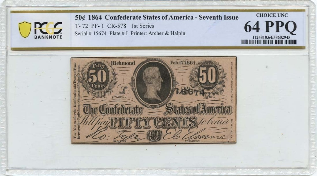 Confederate States 1864 50 Cent T-72 Note PCGS MS64 Certified: Confederate States 1864 50 Cent T-72 Note PCGS MS64 Certified This is an 1864 50 cent Confederate States of America note, designated as T-72. It has been certified by PCGS Banknote with a grade of MS6