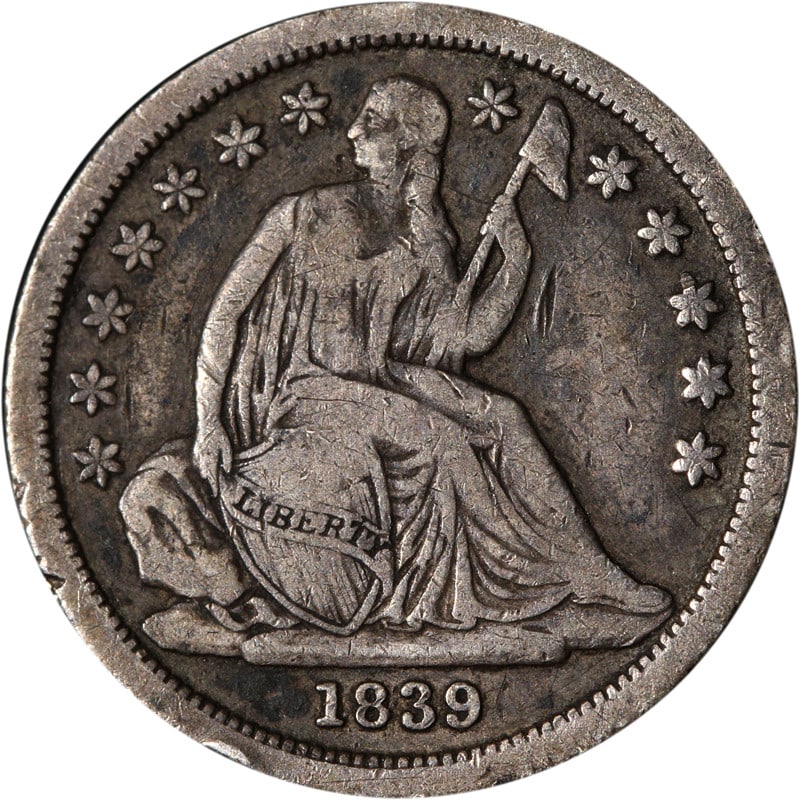 1839 Philadelphia Mint Silver Seated Liberty Dime US Coin: 1839 Philadelphia Mint Silver Seated Liberty Dime US Coin This 1839-P Seated Liberty Dime was minted in Philadelphia and is composed of silver. The coin is circulated and pre-owned, representing a cla