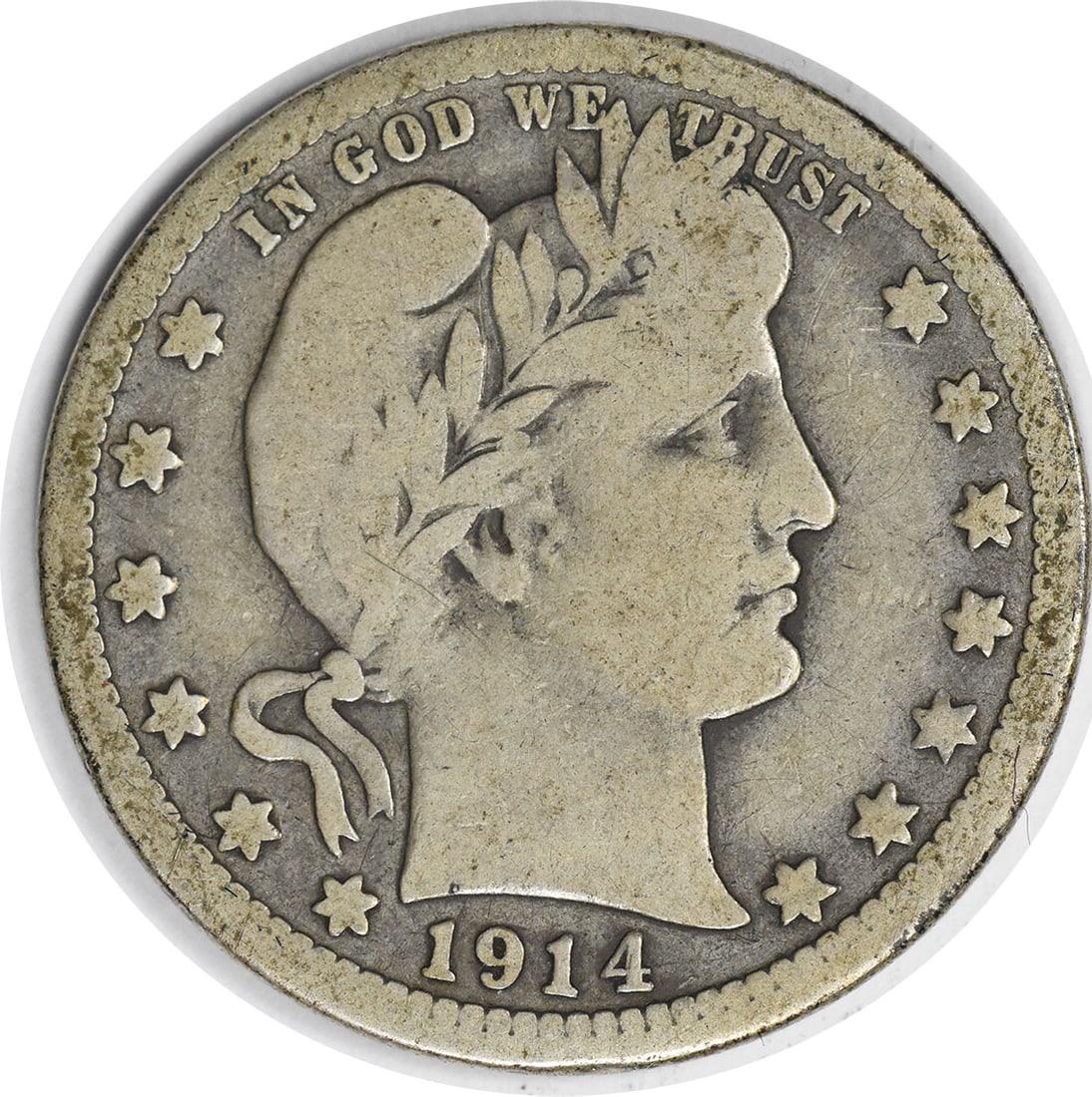 1914 San Francisco Barber Quarter 90% Silver VG Grade Uncertified: 1914 San Francisco Barber Quarter 90% Silver VG Grade Uncertified This 1914-S Barber Quarter is a circulated coin from the United States Mint in San Francisco. Designed by Charles E. Barber, it is com