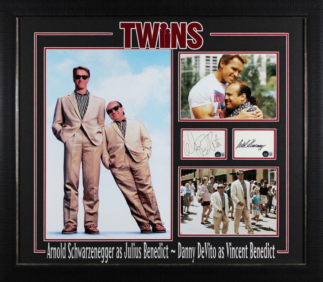 Arnold Schwarzenegger Danny DeVito Twins Signed Framed Display Beckett COA: Arnold Schwarzenegger Danny DeVito Twins Signed Framed Display Beckett COA This stunning autographed framed display features the signatures of iconic actors Arnold Schwarzenegger and Danny DeVito from