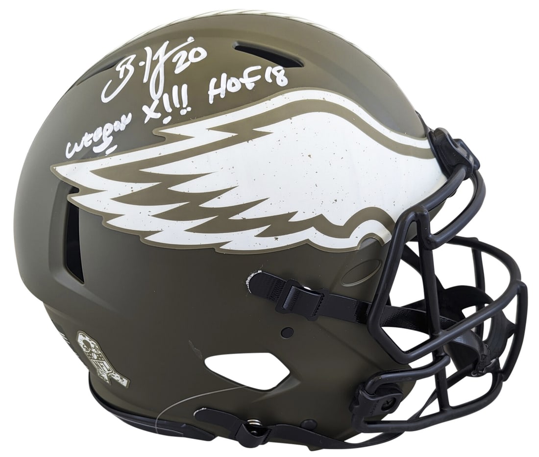 Brian Dawkins Signed Salute to Service Helmet HOF 18 BAS Authenticated: Brian Dawkins Signed Salute to Service Helmet HOF 18 BAS Authenticated This autographed Philadelphia Eagles full-size Speed Proline helmet features the signature of Brian Dawkins, a two-time Pro Bowl