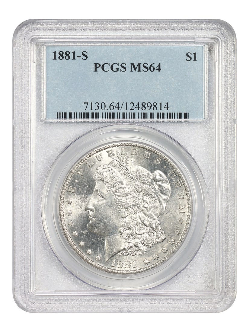 PCGS MS64 1881 San Francisco Morgan Silver Dollar: PCGS MS64 1881 San Francisco Morgan Silver Dollar This 1881-S Morgan Dollar is graded MS64 by PCGS, confirming its uncirculated condition. Minted in San Francisco, it represents a highly regarded date