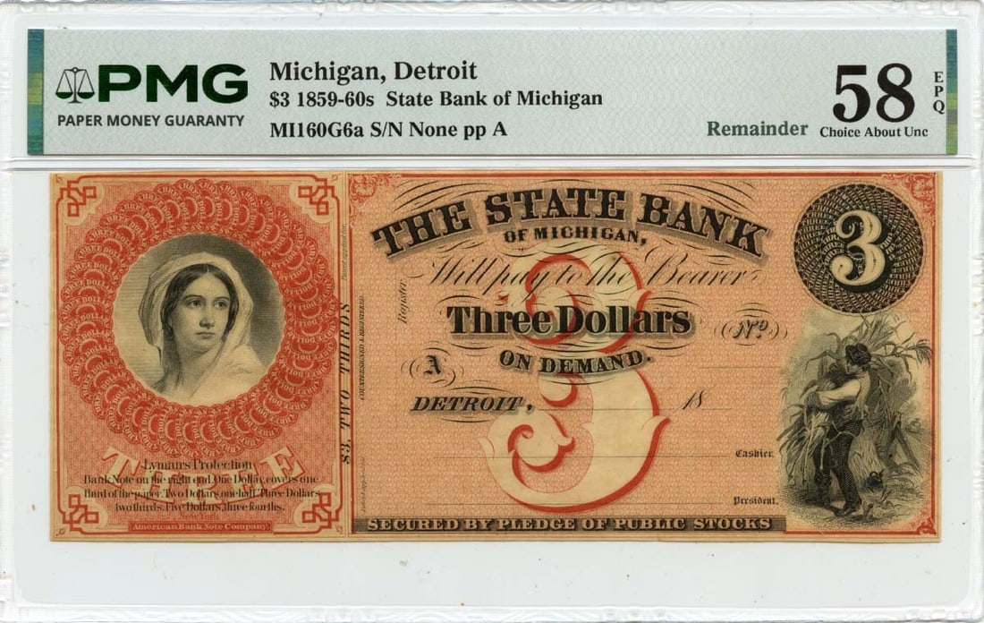 State Bank of Michigan $3 Obsolete Currency 1859-60s PMG AU58 EPQ: State Bank of Michigan $3 Obsolete Currency 1859-60s PMG AU58 EPQ This is an 1859-60s $3 obsolete banknote from the State Bank of Michigan, Detroit. Certified by PMG with a grade of AU58 EPQ, this not