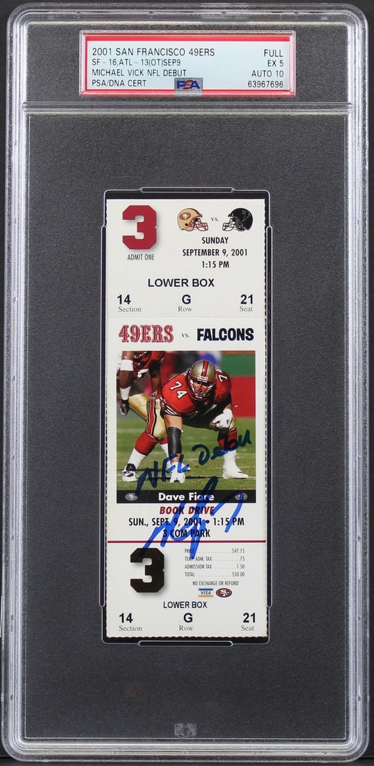 Michael Vick Signed NFL Debut 2001 Full Ticket PSA Graded Ex5 Auto10: Michael Vick Signed NFL Debut 2001 Full Ticket PSA Graded Ex5 Auto10 Celebrate the historic NFL debut of Michael Vick with this autographed full ticket stub from September 9, 2001. This original ticke