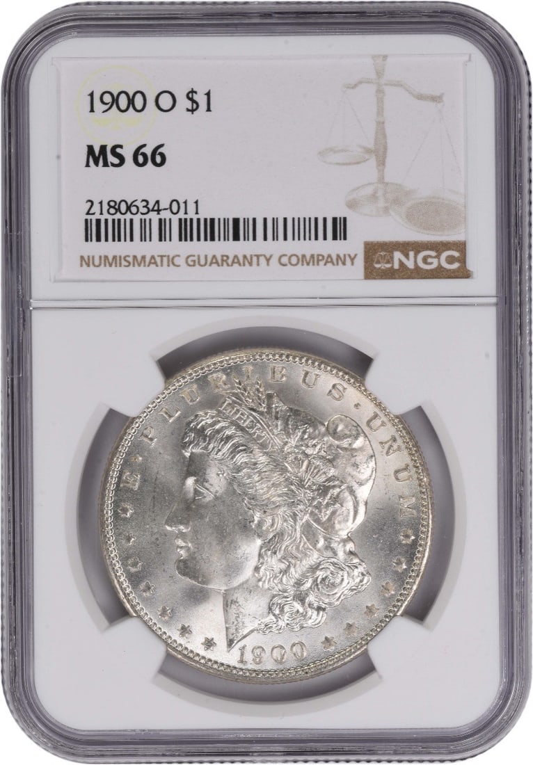 NGC MS66 1900-O Morgan Dollar New Orleans Mint Silver Coin: NGC MS66 1900-O Morgan Dollar New Orleans Mint Silver Coin This 1900-O Morgan Silver Dollar is graded MS66 by NGC, indicating an uncirculated and well-preserved example. Minted in New Orleans, it feat