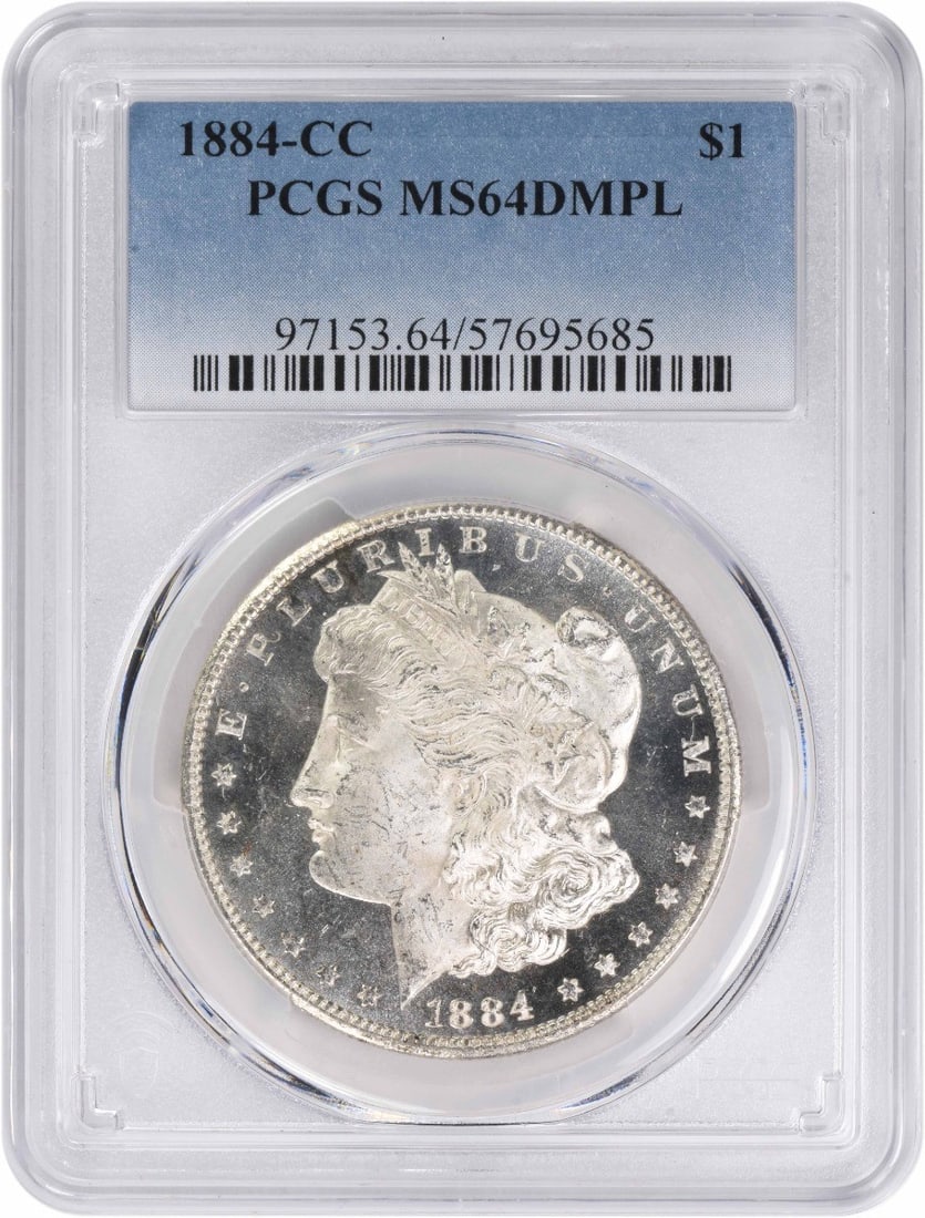 1884 CC Morgan Silver Dollar MS64 DMPL PCGS Certified Uncirculated: 1884 CC Morgan Silver Dollar MS64 DMPL PCGS Certified Uncirculated This 1884-CC Morgan Silver Dollar is a stunning piece, graded MS64 by PCGS, signifying its uncirculated condition. Minted in Carson C