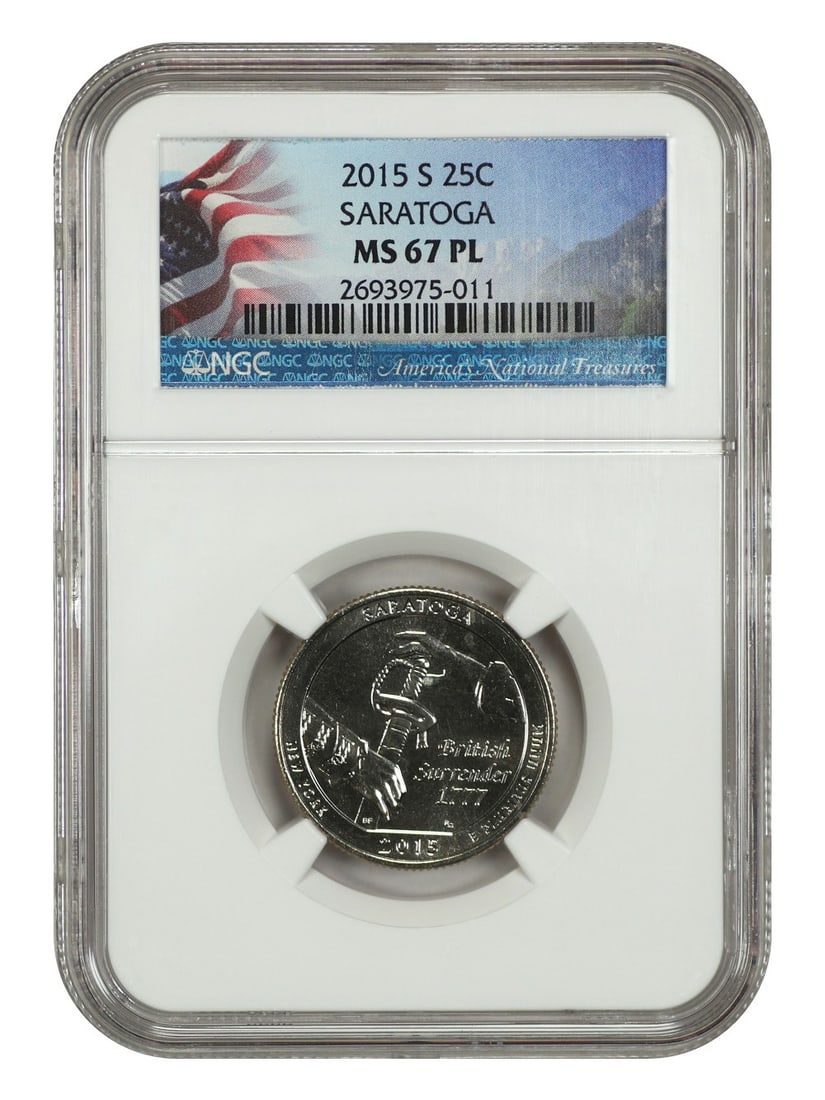 2015-S 25C Saratoga NP NGC MS67PL Type 1 Clad Quarter: 2015-S 25C Saratoga NP NGC MS67PL Type 1 Clad Quarter This 2015-S Saratoga National Park quarter is certified by NGC with a grade of MS67PL, indicating a premium quality uncirculated coin. Minted in S