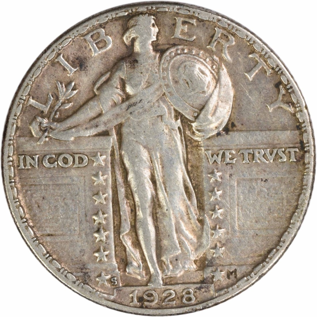 1928 San Francisco Standing Liberty Quarter 90 Percent Silver Choice EF: 1928 San Francisco Standing Liberty Quarter 90 Percent Silver Choice EF This is a 1928-S Standing Liberty Quarter from the San Francisco Mint. Composed of 90% silver and 10% copper, this circulated co