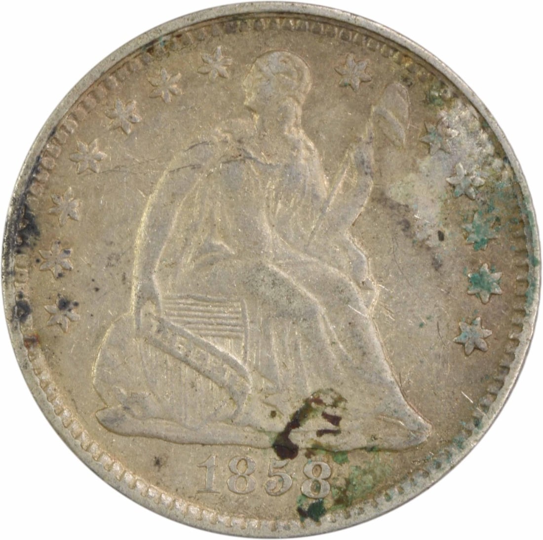 1858 Liberty Seated Half Dime Uncertified 90% Silver #223: 1858 Liberty Seated Half Dime Uncertified 90% Silver #223 This 1858 Liberty Seated Silver Half Dime is a remarkable piece of American numismatic history. Struck in Philadelphia, this coin features the