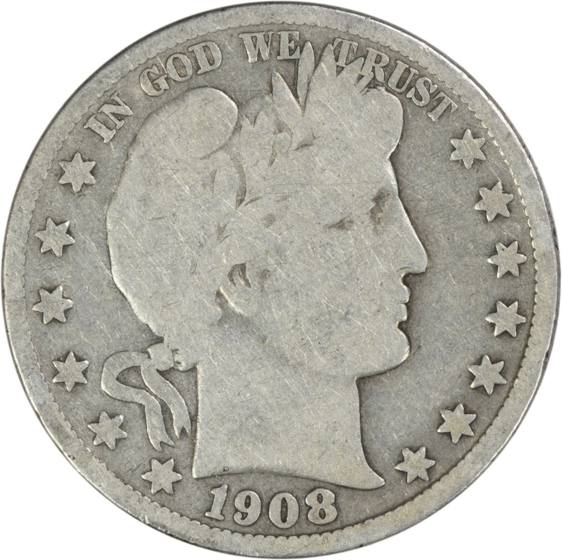 1908 San Francisco Barber Half Dollar 90 Percent Silver Uncertified Coin: 1908 San Francisco Barber Half Dollar 90 Percent Silver Uncertified Coin This 1908-S Barber Silver Half Dollar is a circulated coin from the San Francisco Mint. Designed by Charles E. Barber, it featu