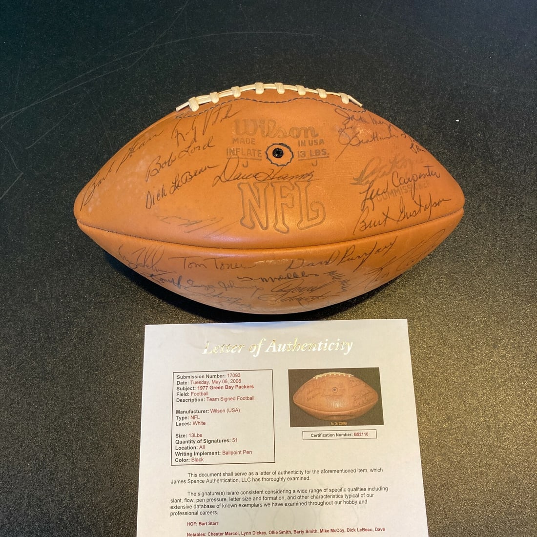 1977 Green Bay Packers Signed NFL Football 51 Signatures Bart Starr JSA COA: 1977 Green Bay Packers Signed NFL Football 51 Signatures Bart Starr JSA COA This is a Wilson Official NFL Pete Rozelle football signed by approximately 51 members of the legendary 1977 Green Bay Packe