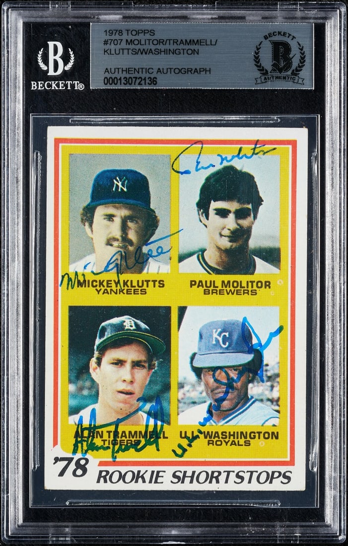1978 Topps RC #707 Signed By Paul Molitor Alan Trammell UL Washington Mickey Klutts BGS: 1978 Topps RC #707 Signed By Paul Molitor Alan Trammell UL Washington Mickey Klutts BGS This remarkable 1978 Topps Paul Molitor Alan Trammell Rookie Card #707 showcases the signatures of all four play