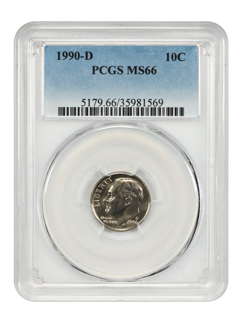 PCGS MS66 1990 Denver Roosevelt Dime 10C Uncirculated: PCGS MS66 1990 Denver Roosevelt Dime 10C Uncirculated This 1990-D Roosevelt Dime is graded MS66 by PCGS and remains uncirculated. Minted in Denver, it is part of the Roosevelt Dime series and is a pre