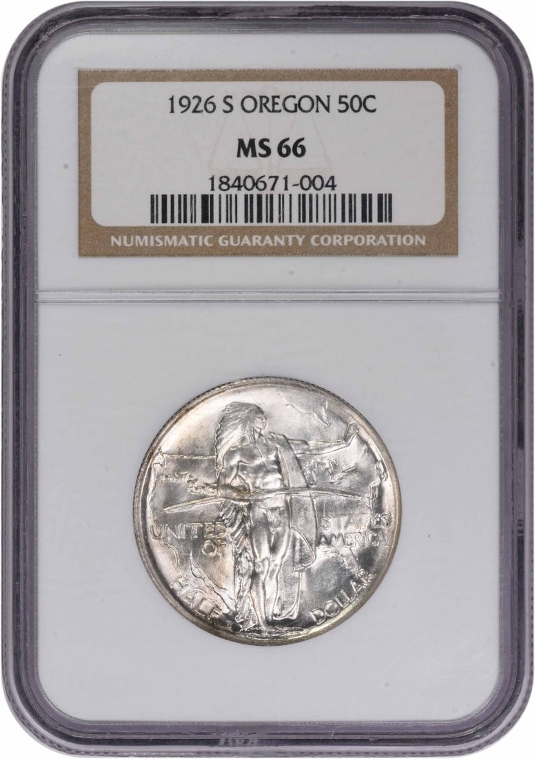 1926-S Oregon Half Dollar Commemorative Silver Coin NGC MS66: 1926-S Oregon Half Dollar Commemorative Silver Coin NGC MS66 This 1926-S Oregon Commemorative Silver Half Dollar is graded MS66 by NGC. Struck at the San Francisco Mint, it features a design by James