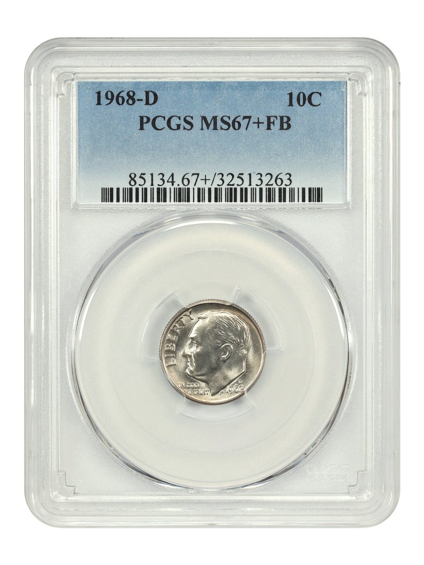 PCGS MS67+FB 1968-D Roosevelt Dime Uncirculated 10C: PCGS MS67+FB 1968-D Roosevelt Dime Uncirculated 10C This 1968-D Roosevelt Dime is certified by PCGS with a grade of MS67+FB, indicating it is in uncirculated condition with Full Bands. Minted in Denve