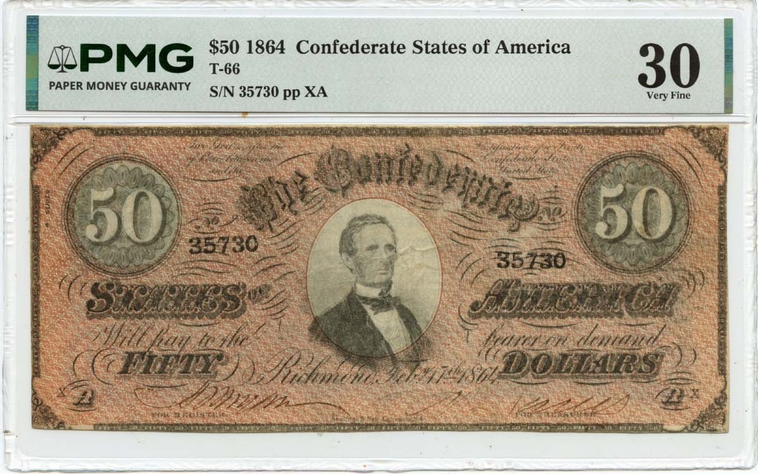 Confederate States 1864 Fifty Dollar PMG VF30 T-66 Banknote: Confederate States 1864 Fifty Dollar PMG VF30 T-66 Banknote This 1864 $50 Confederate States of America note is a circulated historical currency, certified and graded VF30 by PMG. It represents a sign