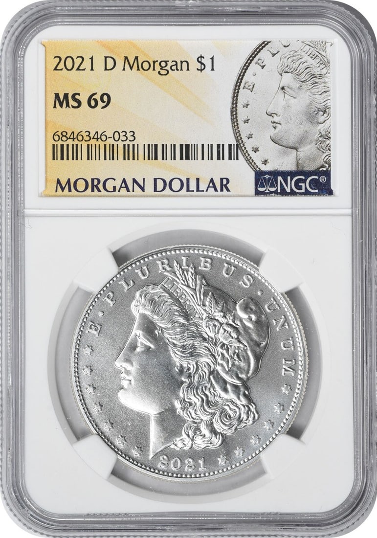 2021-D Morgan Silver Dollar MS69 NGC 99.9% Silver Uncirculated: 2021-D Morgan Silver Dollar MS69 NGC 99.9% Silver Uncirculated This 2021-D Morgan Silver Dollar is a stunning collectible coin, graded MS69 by NGC, indicating its exceptional quality. Crafted with 99.
