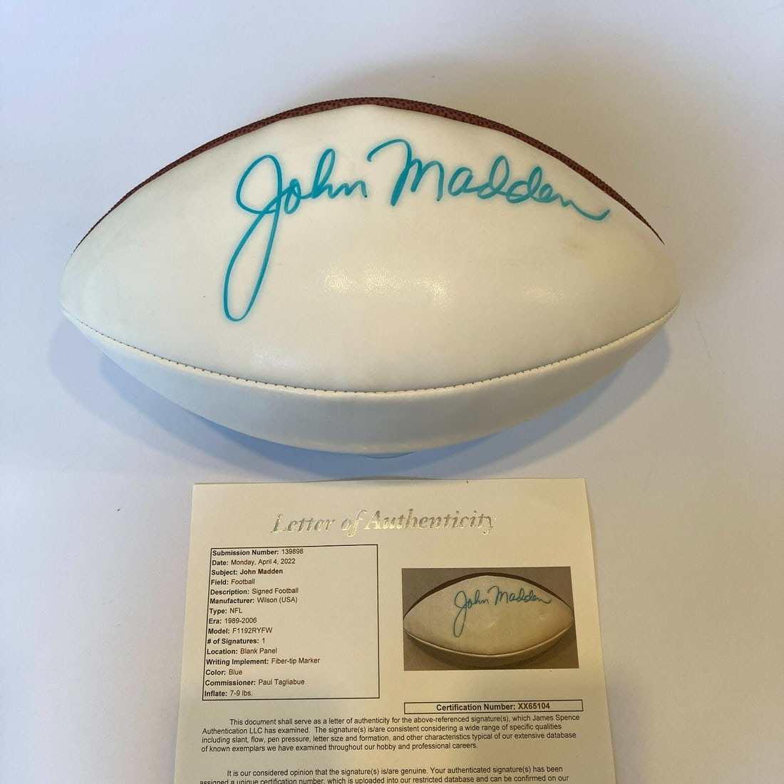 John Madden Autographed Wilson NFL Football with JSA COA: John Madden Autographed Wilson NFL Football with JSA COA This official Wilson NFL football features the autograph of the legendary John Madden. The ball is authenticated by James Spence Authentication