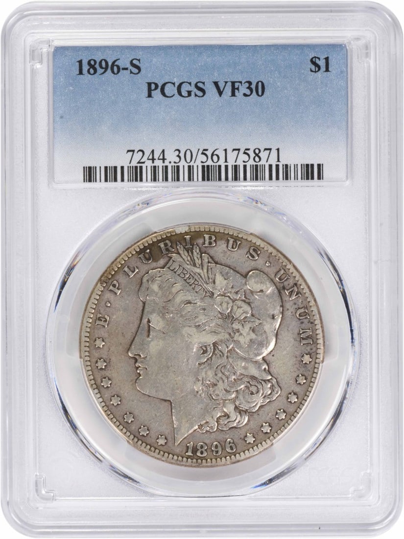 VF30 PCGS Graded 1896 San Francisco Morgan Silver Dollar: VF30 PCGS Graded 1896 San Francisco Morgan Silver Dollar This 1896-S Morgan Silver Dollar is graded VF30 by PCGS. Struck at the San Francisco Mint, it is composed of 90% silver and 10% copper. Designe
