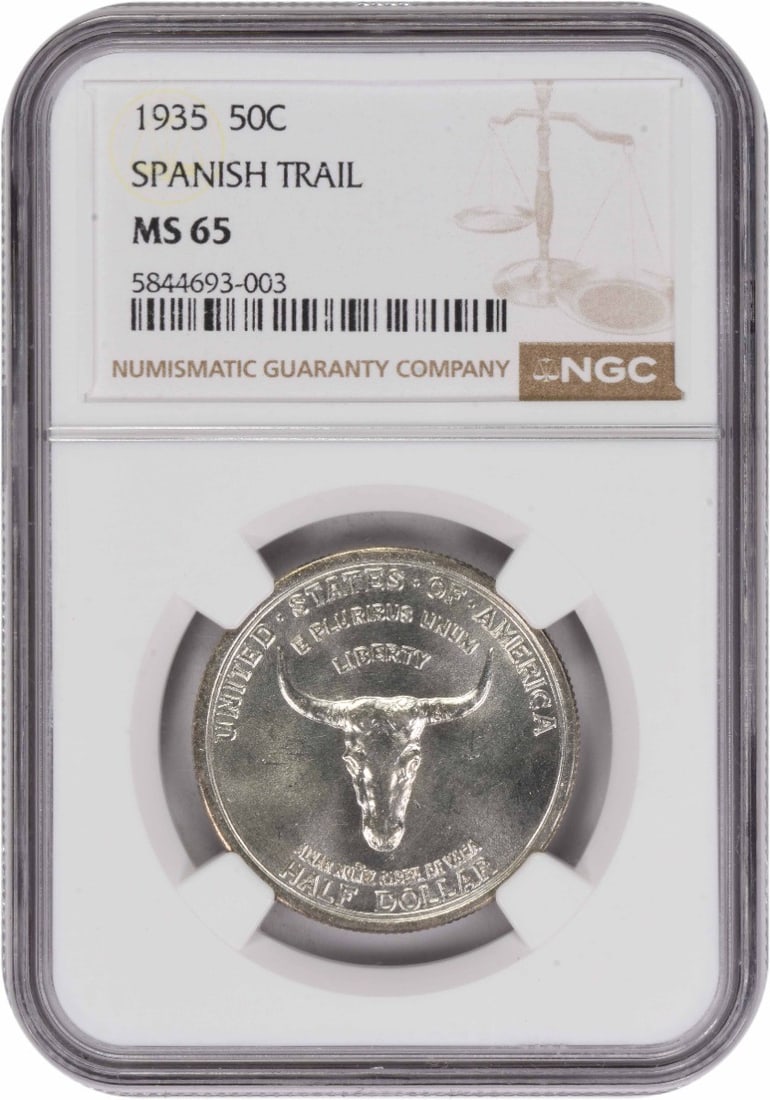 1935 Spanish Trail 50 Cent Silver Commemorative Coin MS65 NGC Certified: 1935 Spanish Trail 50 Cent Silver Commemorative Coin MS65 NGC Certified This 1935 Spanish Trail Commemorative Half Dollar is an un-used, pre-owned coin graded MS65 by NGC. Struck in Philadelphia, it i