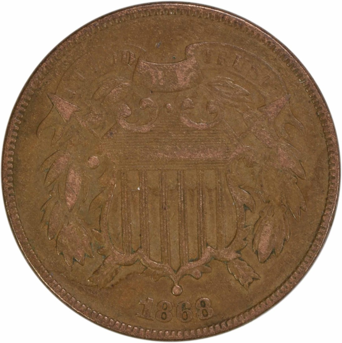 1868 Two Cent Piece VF Bronze Uncertified by James Barton Longacre: 1868 Two Cent Piece VF Bronze Uncertified by James Barton Longacre This 1868 Two Cent Piece is a rare collectible coin, featuring a vintage design by renowned engraver James Barton Longacre. Struck in