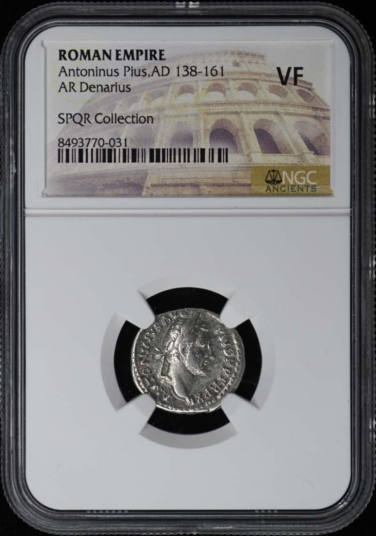 Roman Denarius Silver Coin Antoninus Pius NGC VF Certified: Roman Denarius Silver Coin Antoninus Pius NGC VF Certified This is an Antoninus Pius AR Denarius from the Roman Empire, dated AD 138-161. The coin has been certified by NGC with a VF (Very Fine) grade