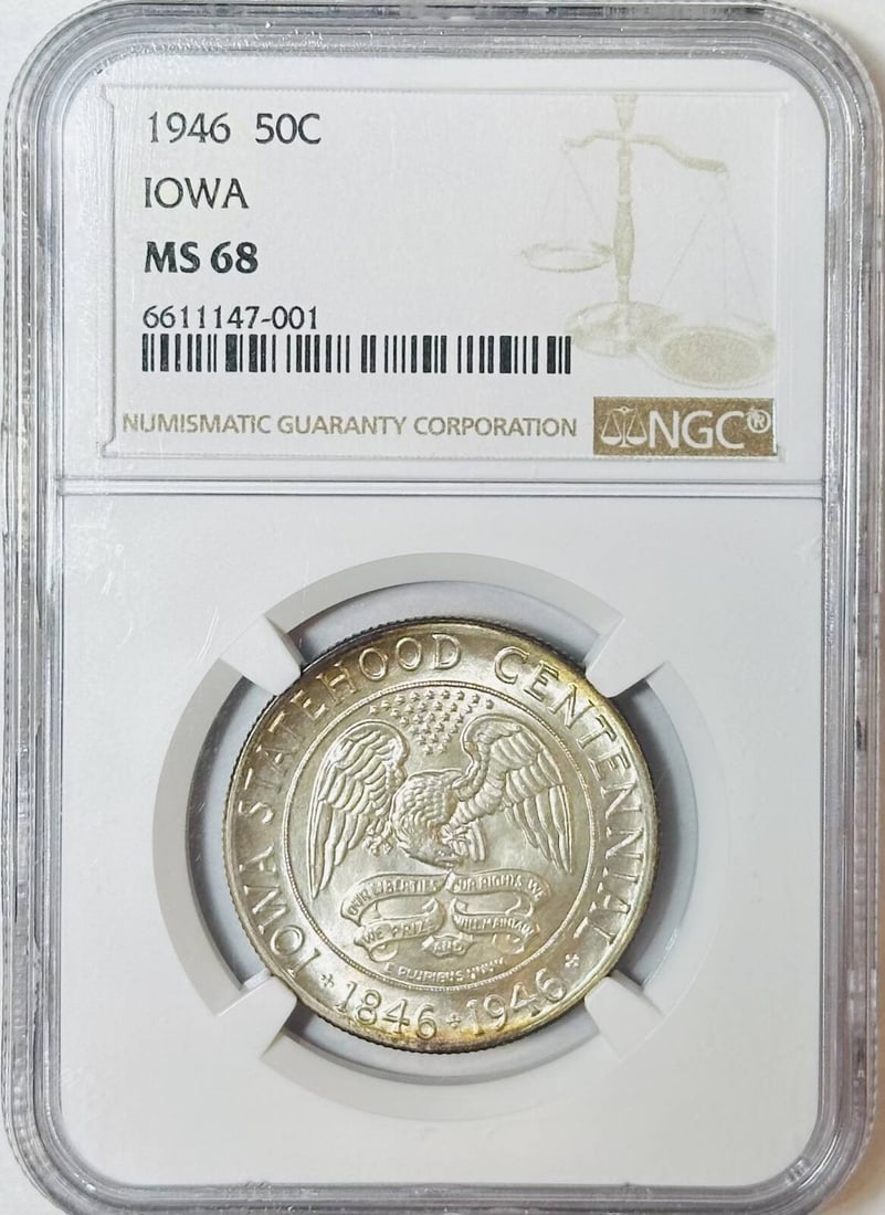 1946 P Iowa Centennial Silver Commemorative NGC MS 68 Coin: 1946 P Iowa Centennial Silver Commemorative NGC MS 68 Coin Celebrate the rich history of Iowa with this 1946 P Classic Commemorative Iowa Centennial coin. This remarkable piece is graded MS 68 by NGC,