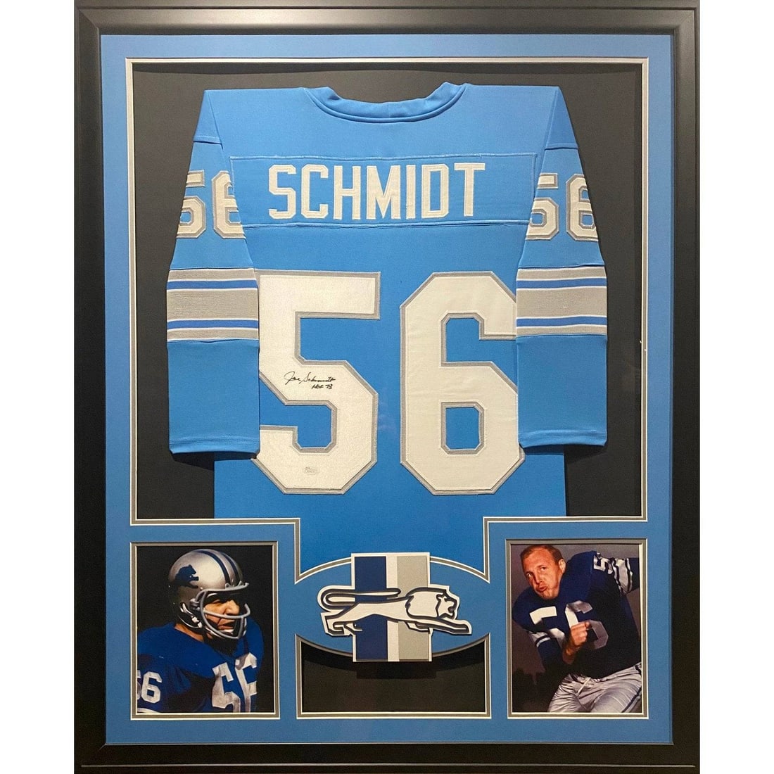 Framed Detroit Lions Joe Schmidt Jersey Signed with JSA Authentication: Framed Detroit Lions Joe Schmidt Jersey Signed with JSA Authentication This framed jersey features the autograph of Joe Schmidt from the Detroit Lions, authenticated by JSA. The display includes detai