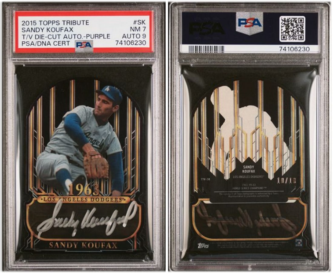 Sandy Koufax 2015 Topps Tribute Purple Die Cut Auto PSA 7/9: Sandy Koufax 2015 Topps Tribute Purple Die Cut Auto PSA 7/9 This collectible features a Sandy Koufax 2015 Topps Tribute Die Cut Purple Auto card, showcasing a stunning design and vibrant colors. Grade