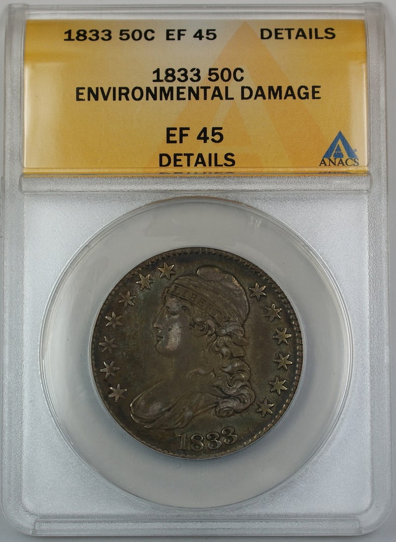 1833 Capped Bust Half Dollar Silver 50C ANACS EF-45 Environmental Damage: 1833 Capped Bust Half Dollar Silver 50C ANACS EF-45 Environmental Damage This 1833 Capped Bust Silver Half Dollar was minted in Philadelphia and is certified by ANACS with an EF-45 Details grade, noti