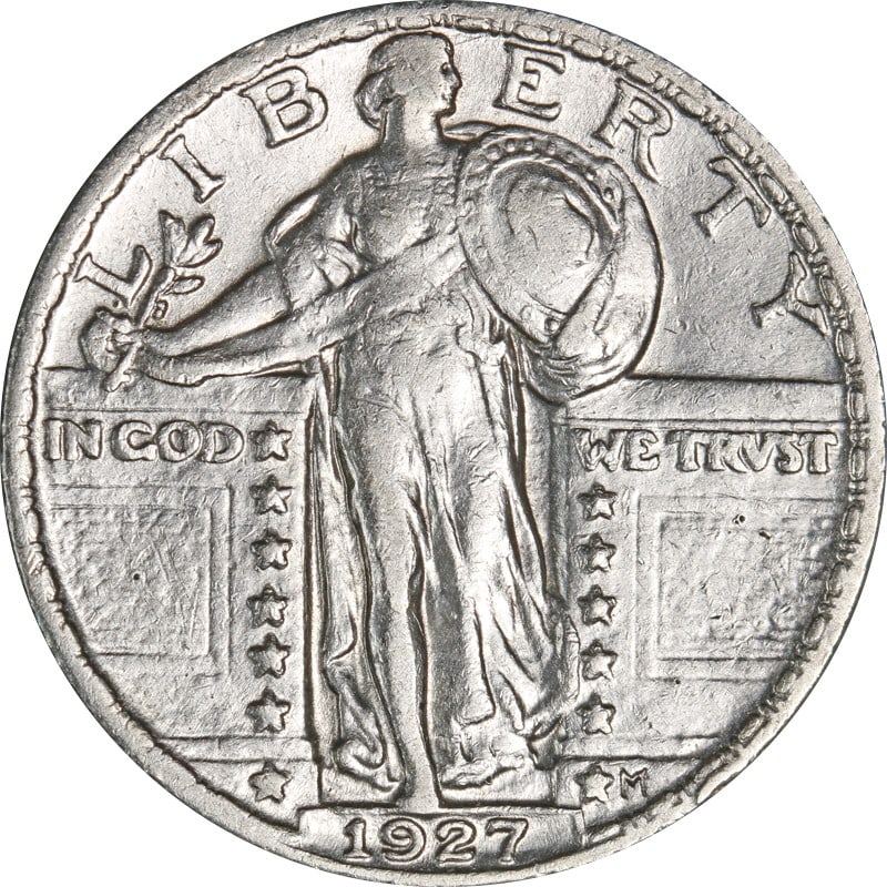 1927-P Standing Liberty Quarter 90% Silver Circulated Coin: 1927-P Standing Liberty Quarter 90% Silver Circulated Coin This 1927-P Standing Liberty Quarter is a notable piece of numismatic history. Featuring a beautiful design, this quarter is made of silver w